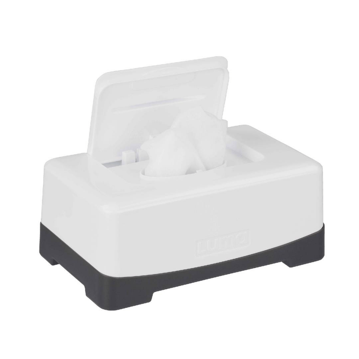White tissue box with black base on a white background