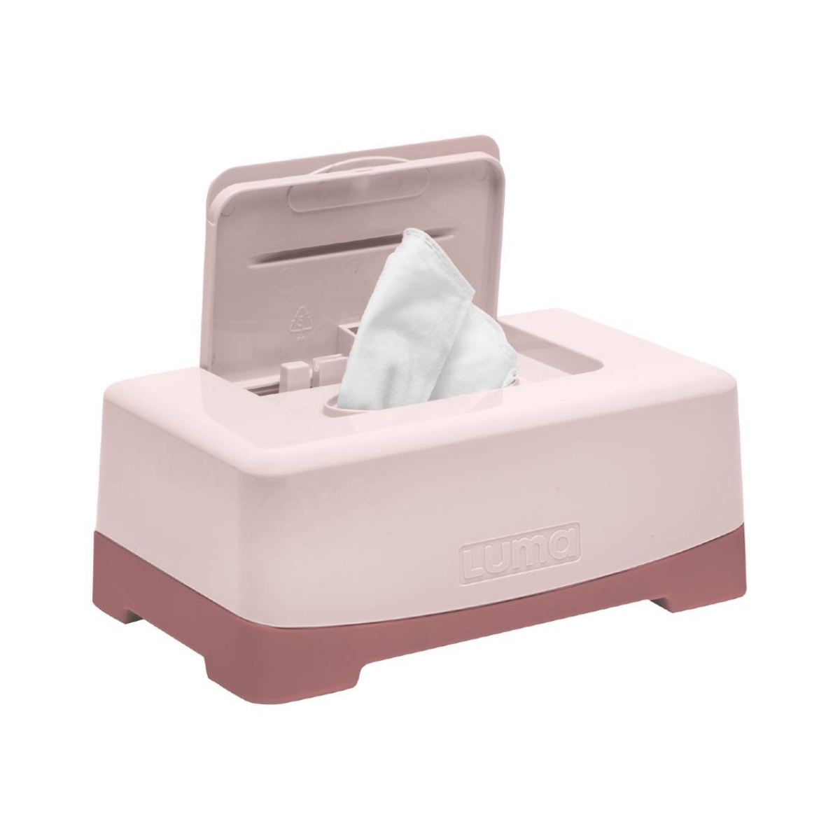 Pink tissue box with a lid open, revealing tissues inside on a white background