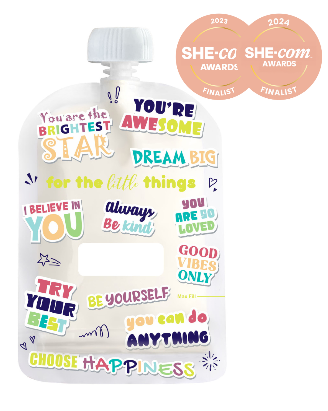 White pouch with motivational phrases and awards on a white background