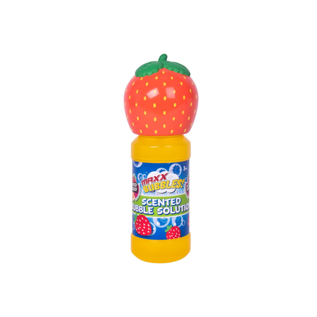 A bottle of Maxx Bubbles Scented Bubble Solution with a strawberry-shaped cap on a white background.