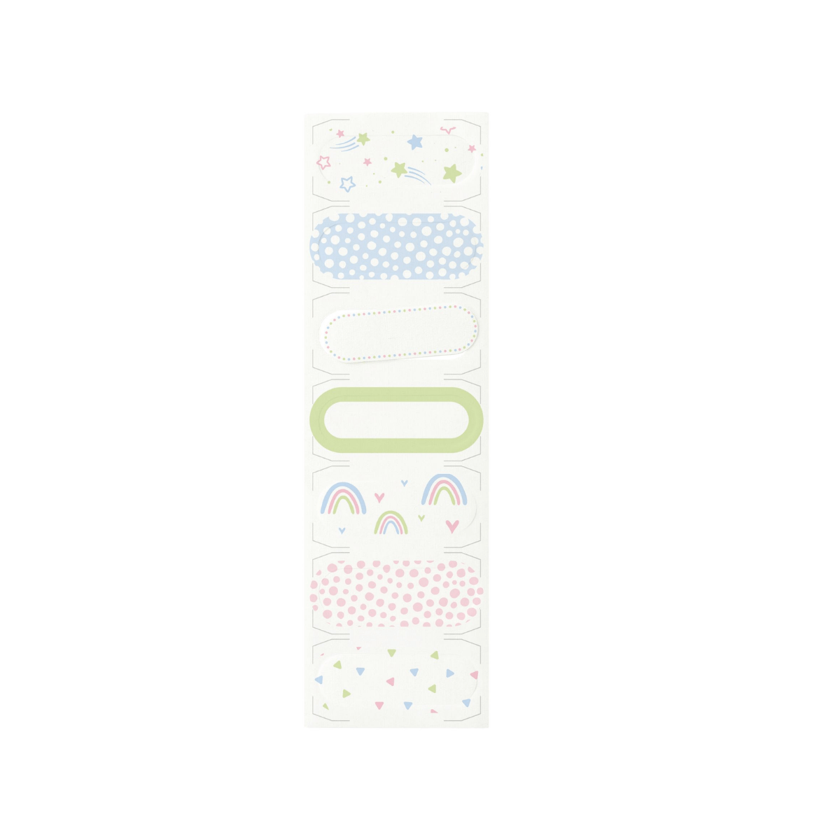 Set of colorful planner stickers with rainbow, polka dot, and plain designs on a white background.