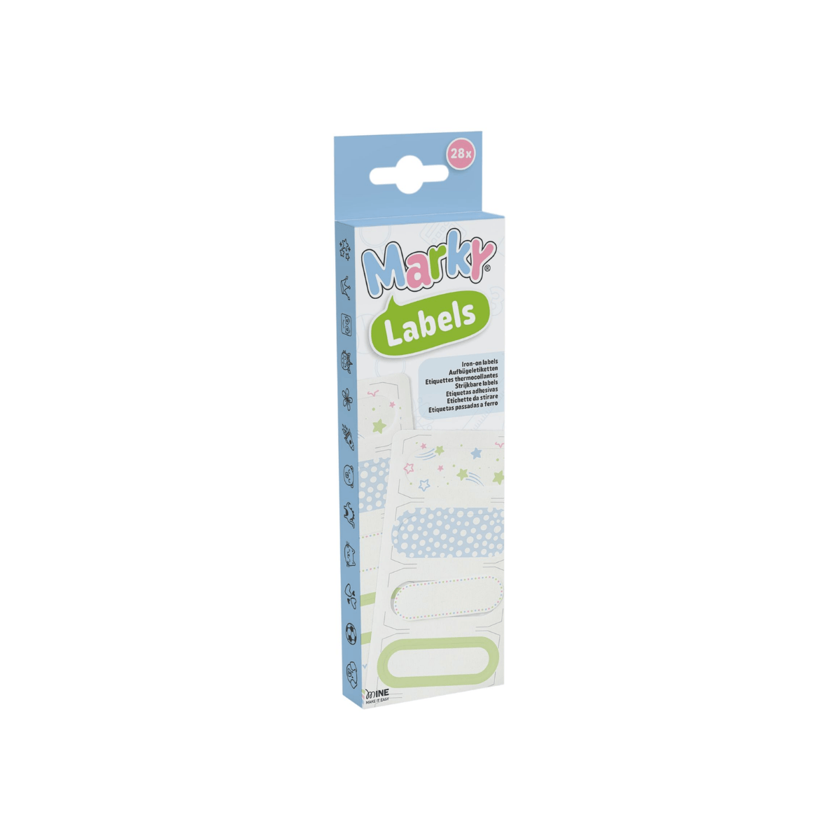 Packaging of Marky labels with colorful design on a white background