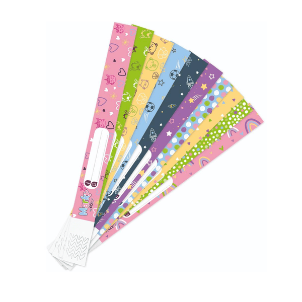 Set of colorful identification wristbands  with various patterns on a white background