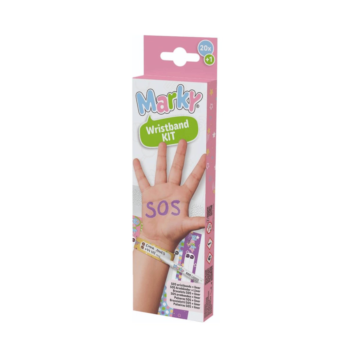 Packaging of a 'Marky Wristband Kit' with a hand wearing a wristband on a white background.