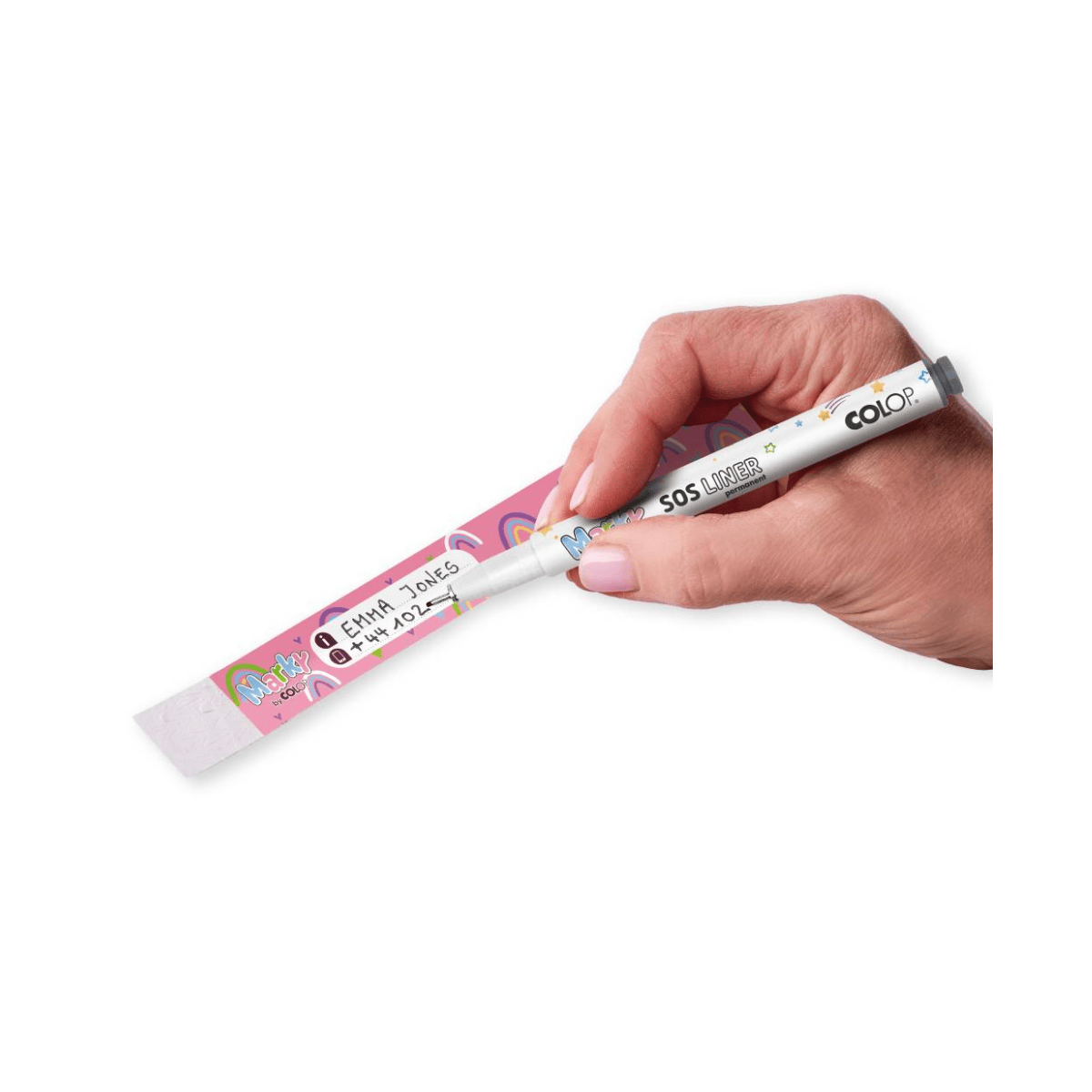 Hand holding a pink and white pen with a visible brand name on a white background