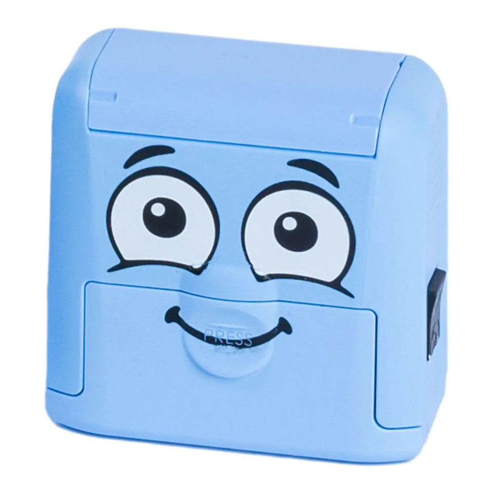 Blue rectangular Marky device with cartoon face on a white background