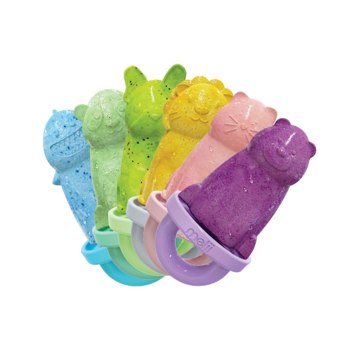 Set of colorful Melii iceblock moulds  on a white background
