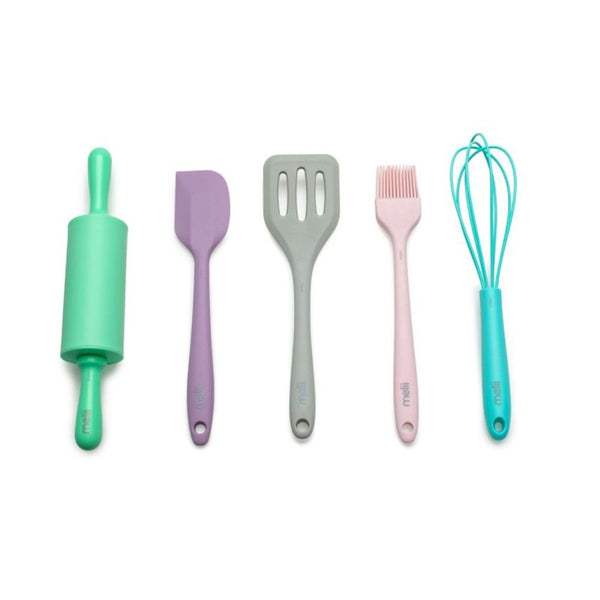 Set of colorful kitchen utensils including a rolling pin, spatula, and whisk on a white background