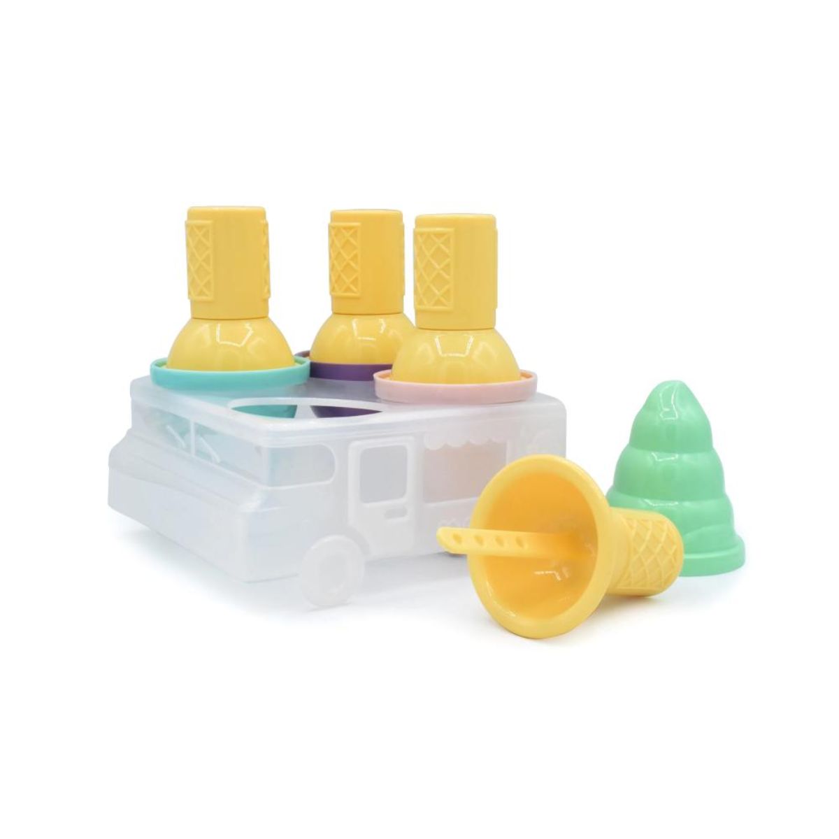 Colorful ice cream cone mould set on a white background