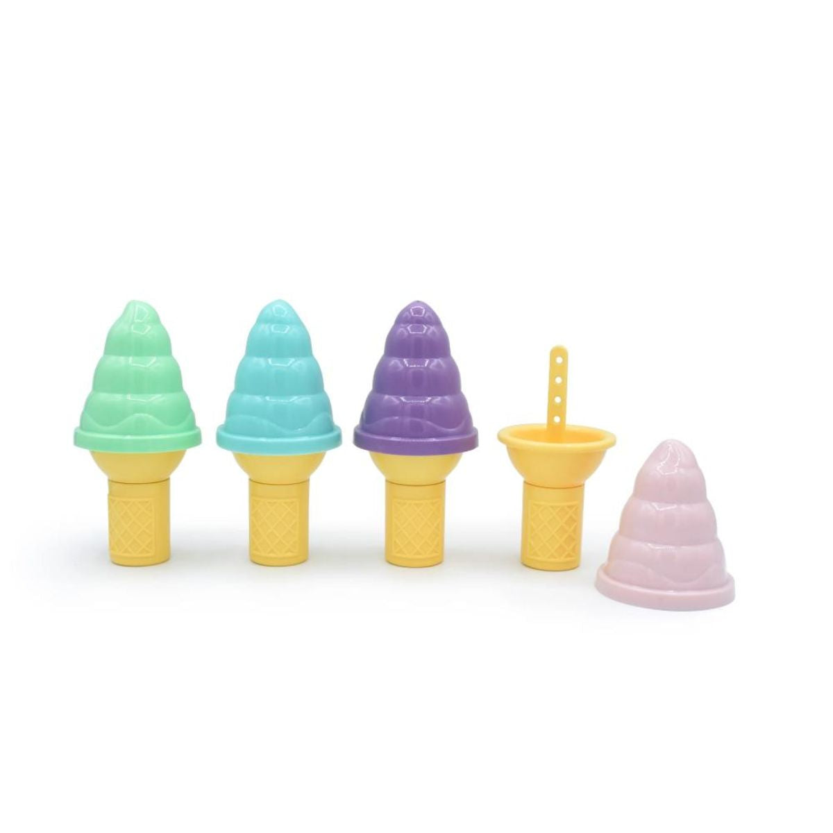Set of colorful ice cream cone-shaped moulds on a white background
