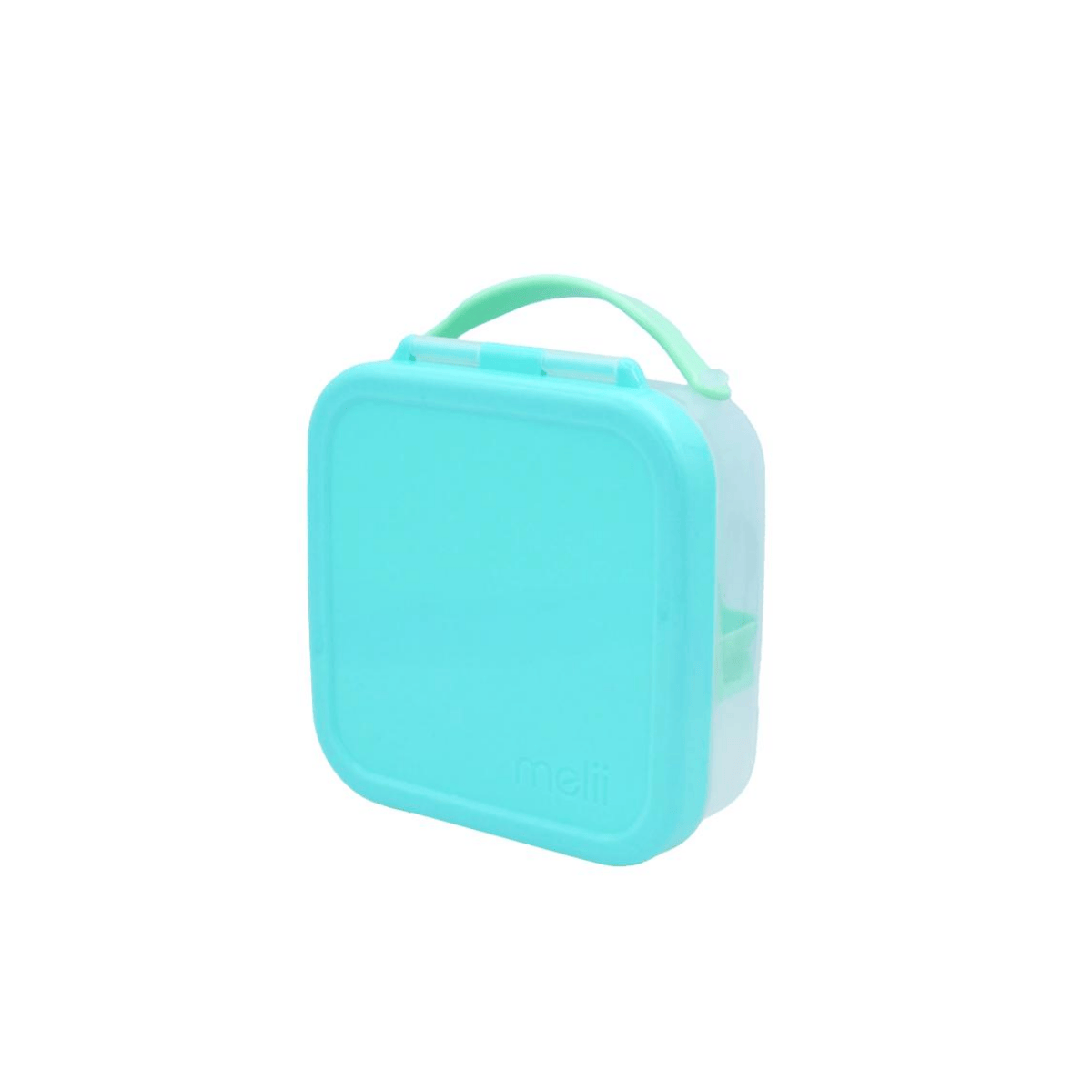 Turquoise plastic lunch container with a handle on a white background