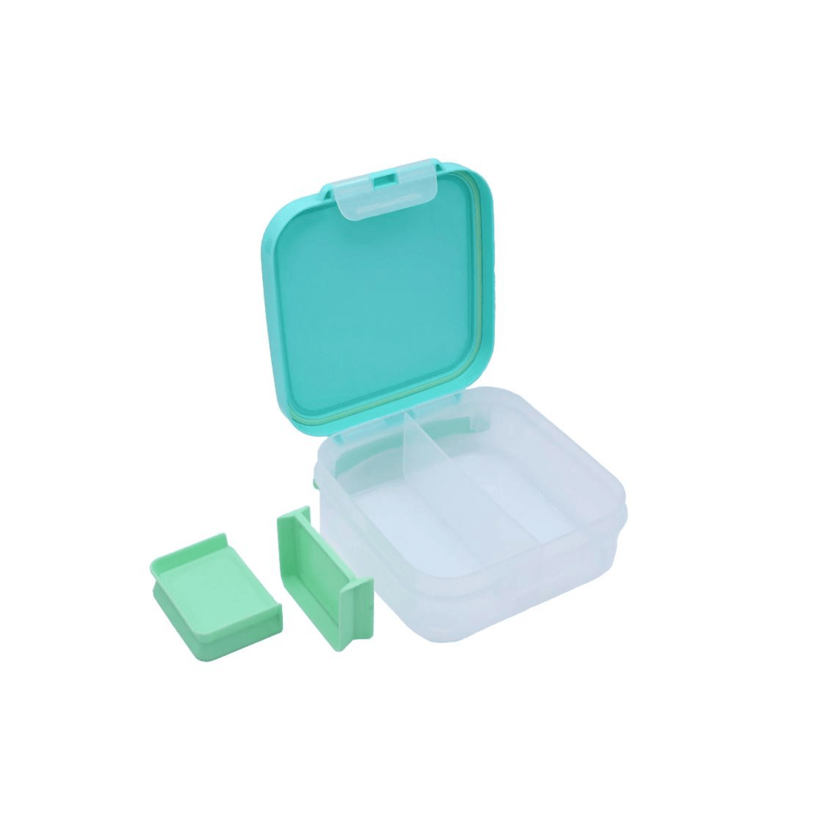 Clear plastic lunch container with turquoise lid and base on a white background