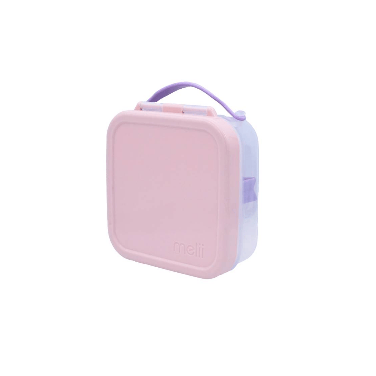 Pink and purple lunch box with a handle on a white background