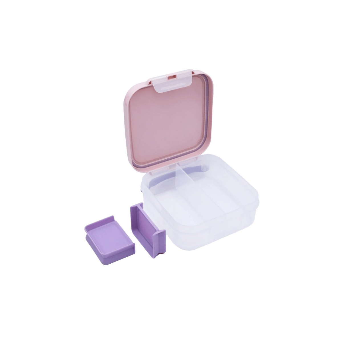 Purple and clear plastic lunch container with a lid on a white background