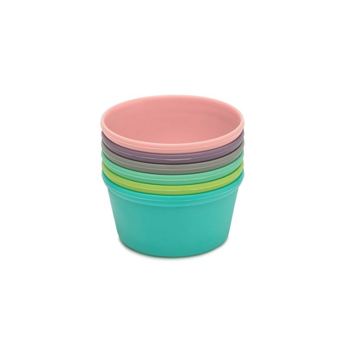 A stack of six small plastic bowls in pastel colors, including teal, lime green, gray, lavender, pink, and a light pink top bowl, shown on a plain white background.