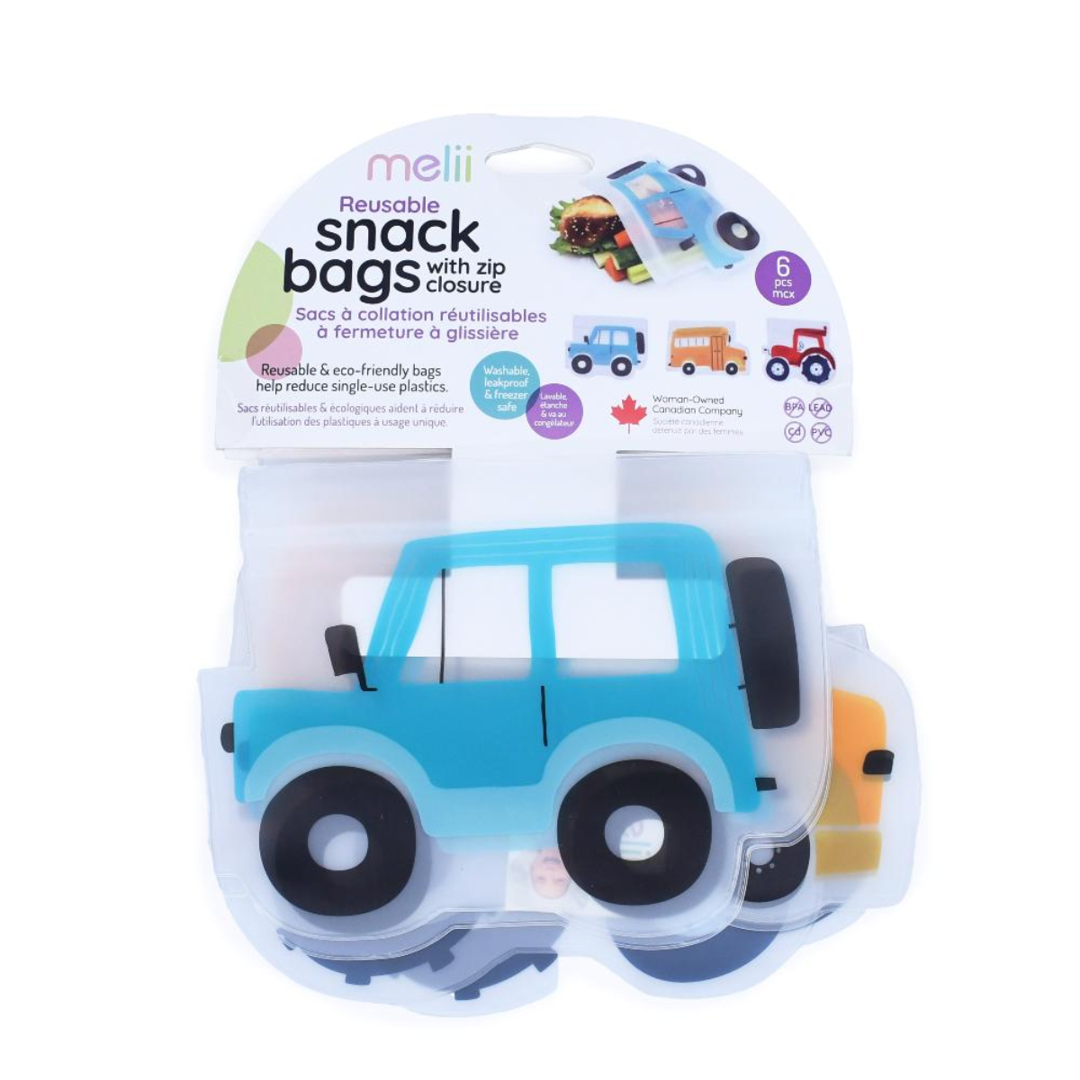 Pack of reusable snack bags with a car design on a white background