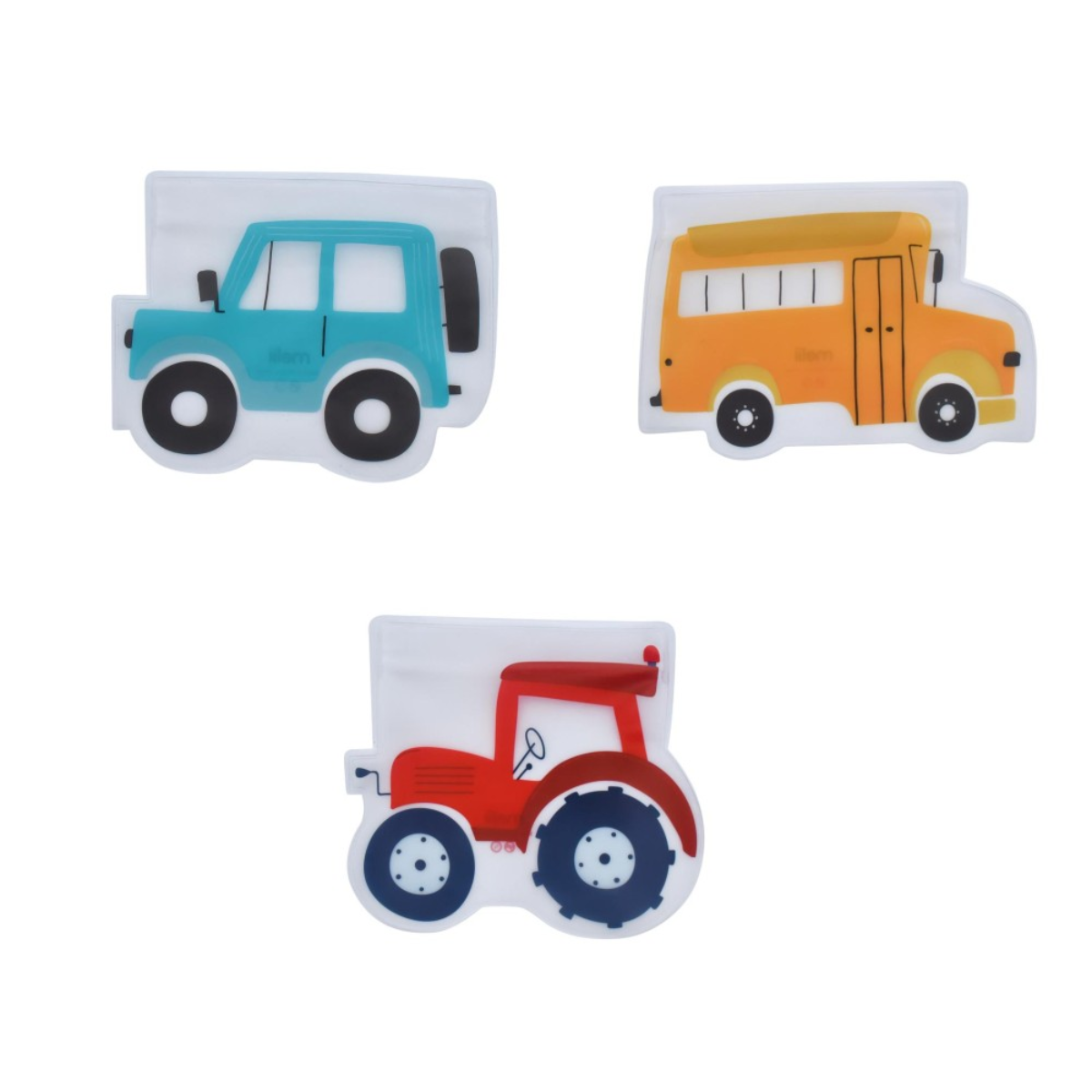 Three toy vehicle cutouts on a white background: a blue truck, an orange bus, and a red tractor.