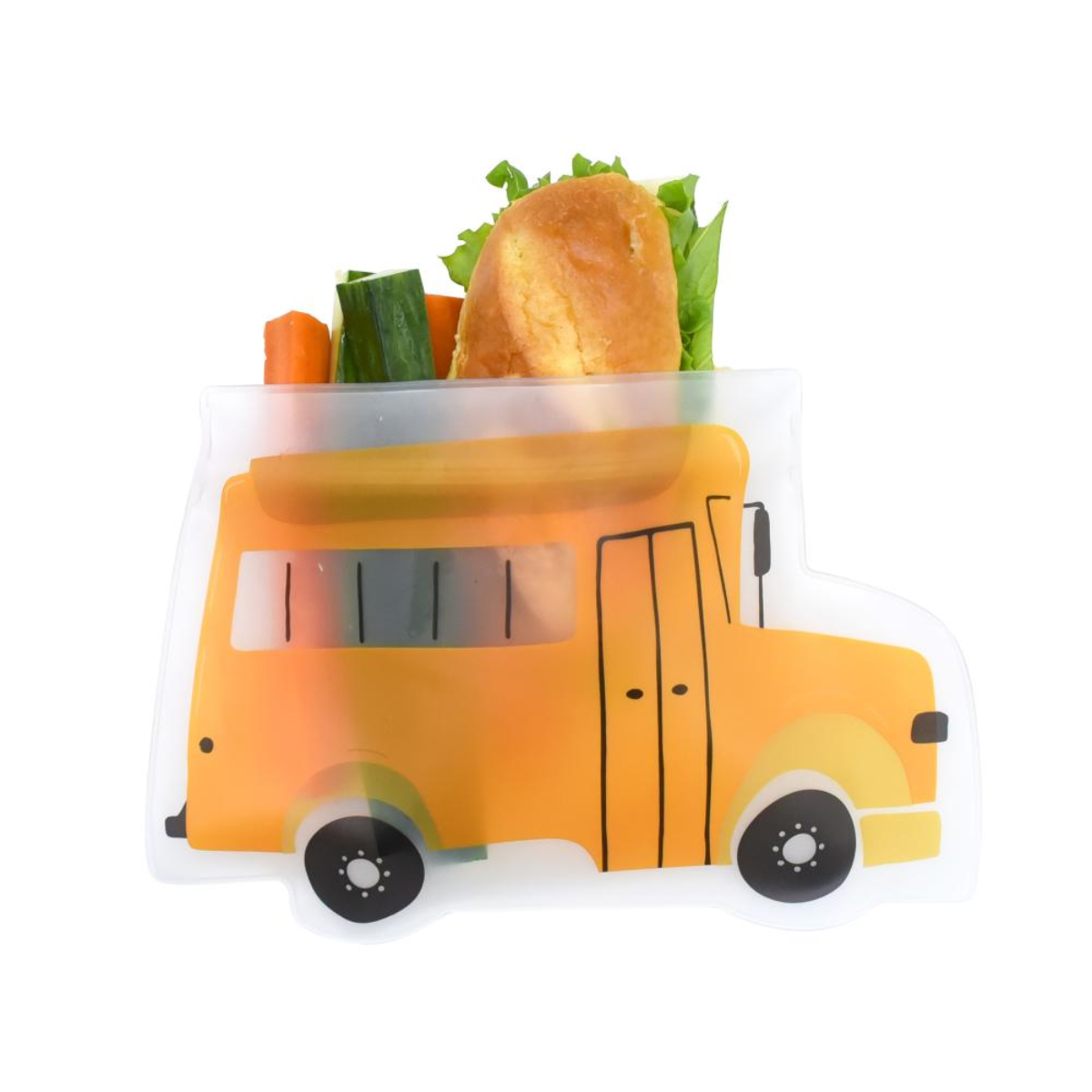 Yellow school bus-shaped lunch container with a sandwich and vegetables on a white background