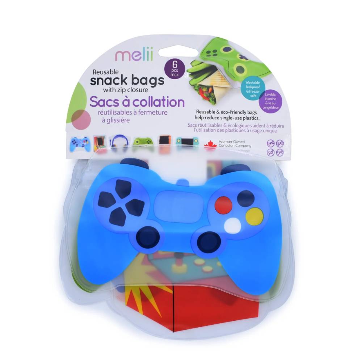 Packaging of reusable snack bags with a blue controller-shaped pouch on a white background