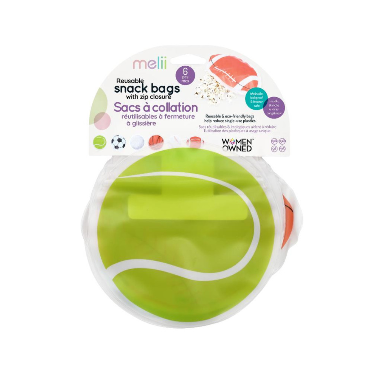 Pack of reusable snack bags with a tennis ball design on a white background