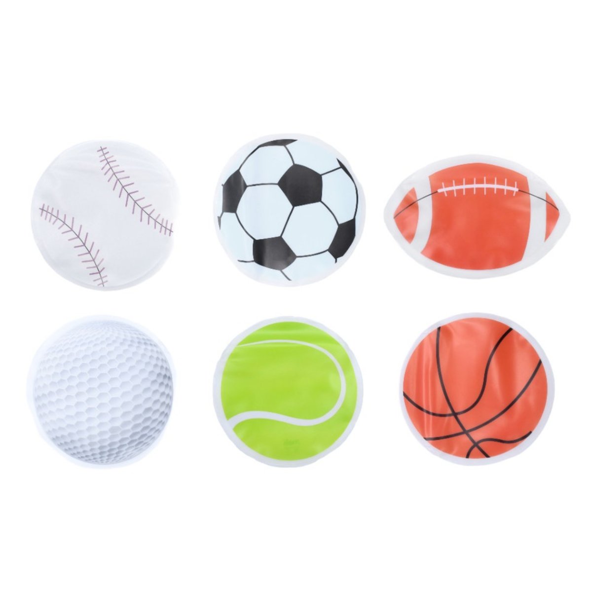 Set of six sports ball reusable snack bags a white background