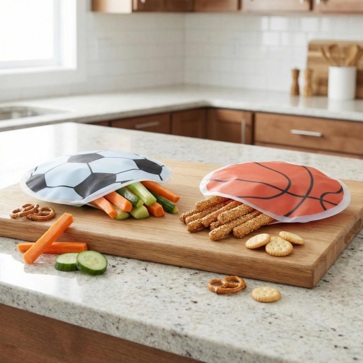 Snacks on a cutting board with sports-themed wraps in a kitchen setting