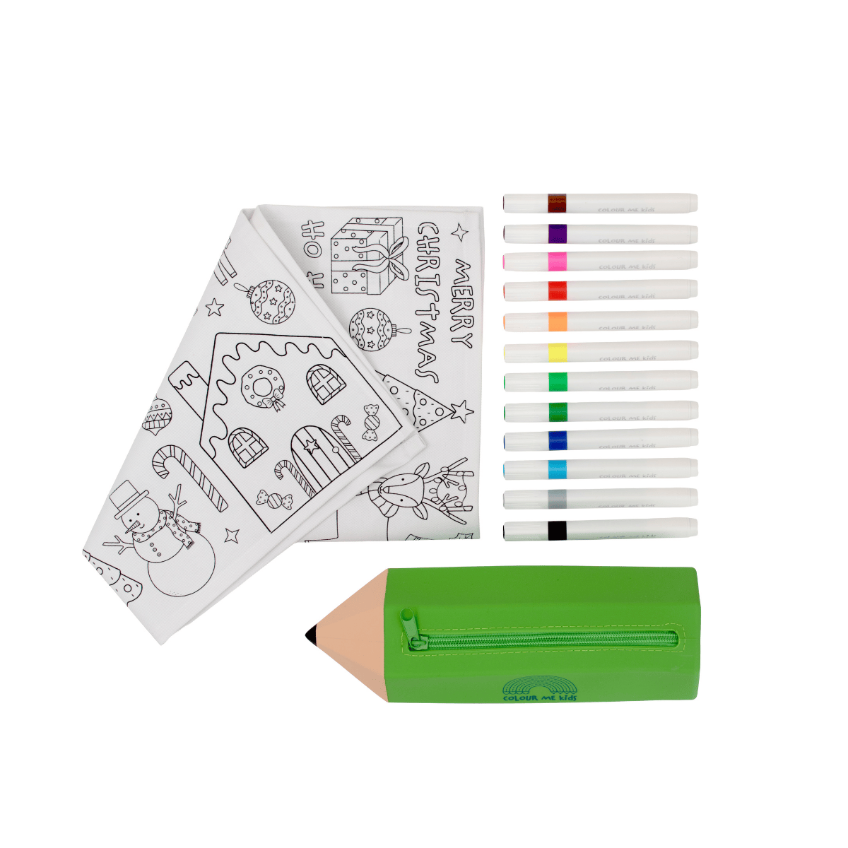 Coloring mat with Christmas designs, markers, and a green pencil case on a white background