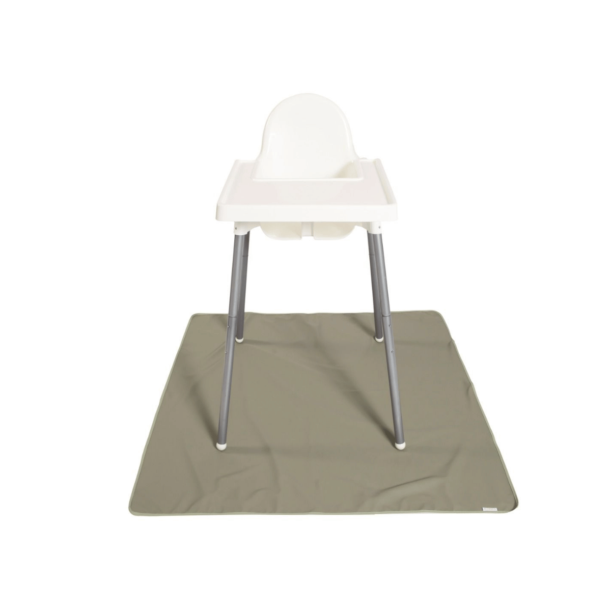White high chair with a green mat on a white background