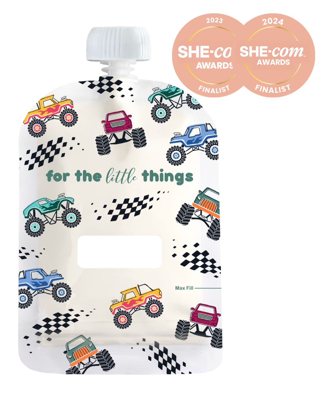 Plastic bag with monster truck design and text &#39;for the little things&#39; on a white background.