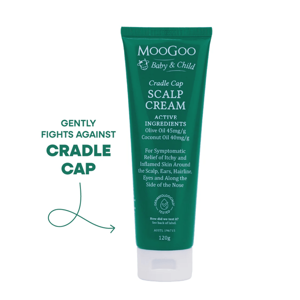 Green tube of MooGoo Cradle Cap Scalp Cream on a white background