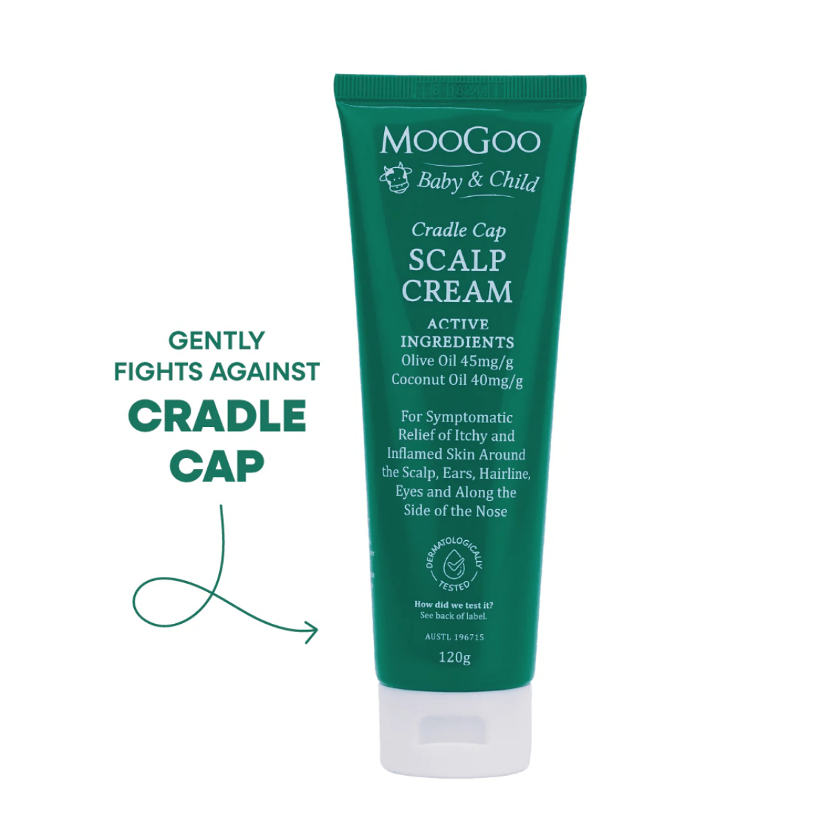 Green tube of MooGoo Cradle Cap Scalp Cream on a white background