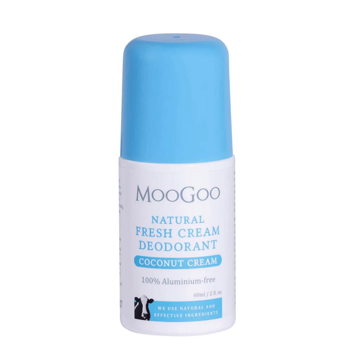 Moogoo natural fresh cream deodorant bottle with blue cap and label on a white background