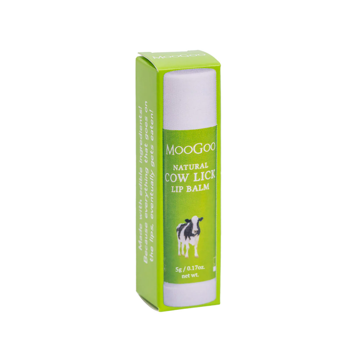Moogoo Natural Cow Lick Lip Balm packaging on a white background
