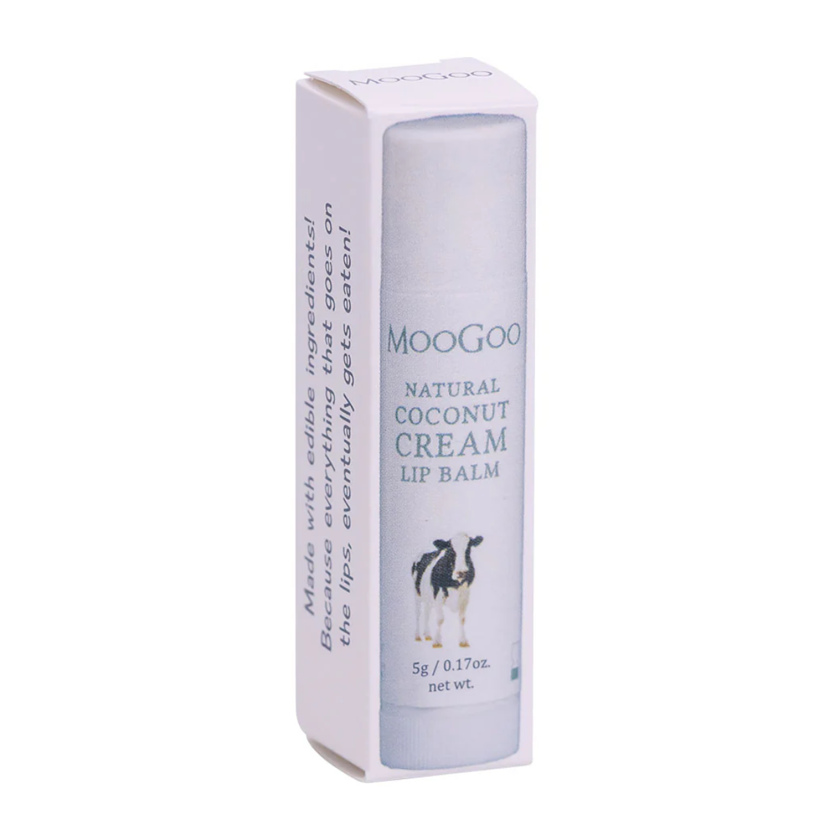 Moogoo Natural Coconut Cream lip balm packaging on a white background