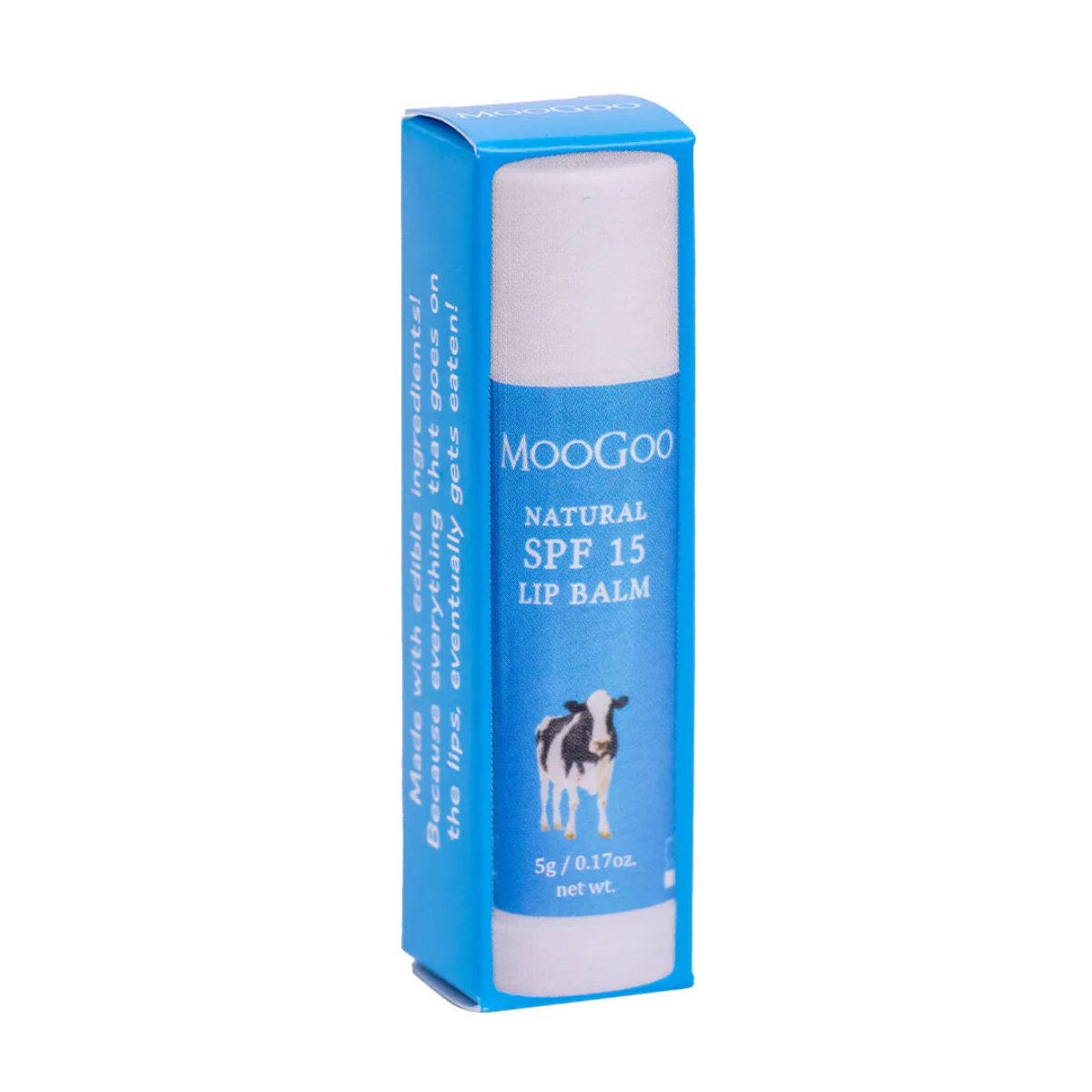 Moogoo Natural SPF 15 lip balm packaging on a white background