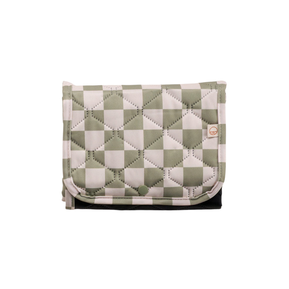 Quilted checkered pouch with green and white pattern on a white background