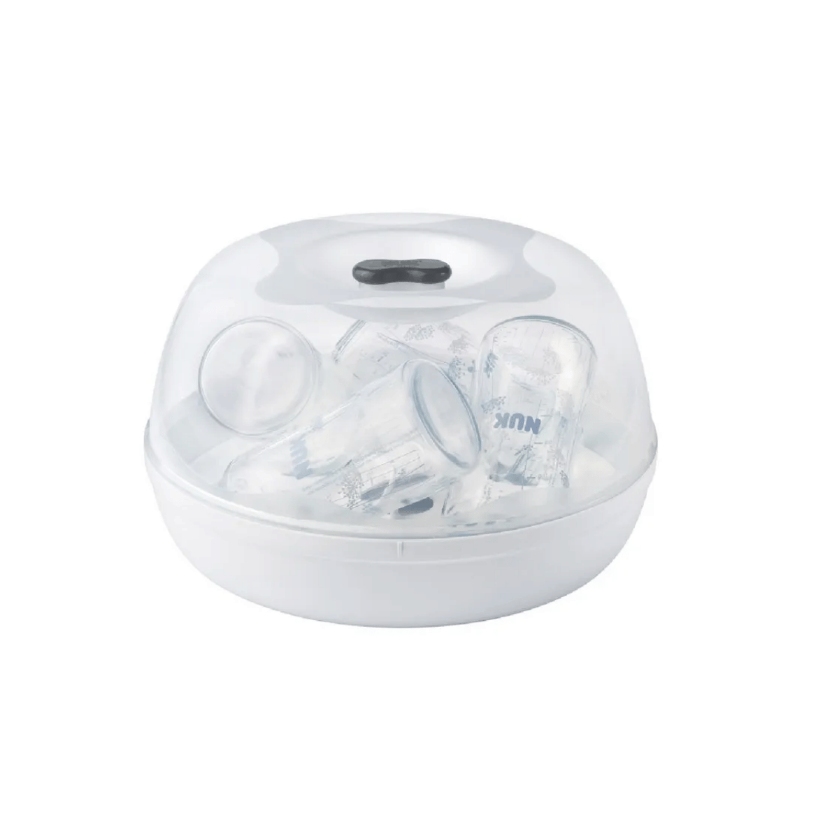 A NUK baby bottle sterilizer and dryer shown on a plain white background, containing several clear baby bottles under a transparent dome lid.