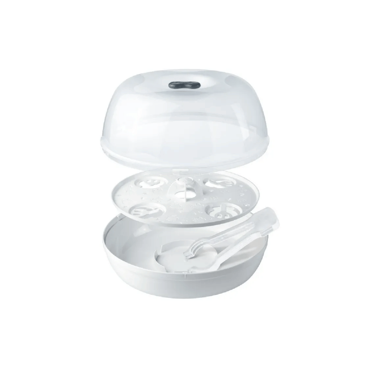 A white and clear plastic baby microwave steriliser container with a matching clear plastic lid, shown disassembled with a spoon inside the base on a white background.
