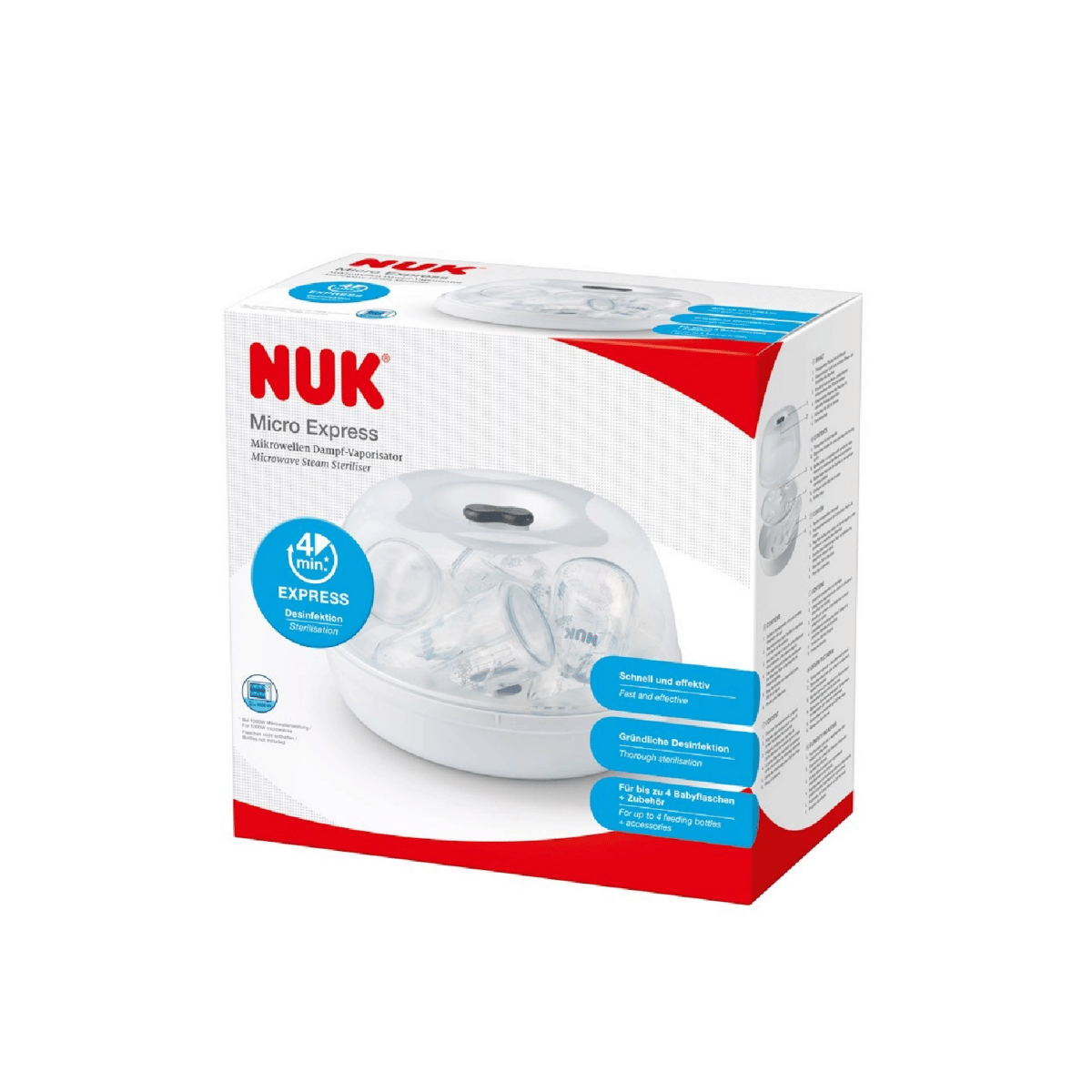 NUK Micro Express steriliser   packaging box, featuring a white box with red and blue accents and a photo of the steriliser on the front.