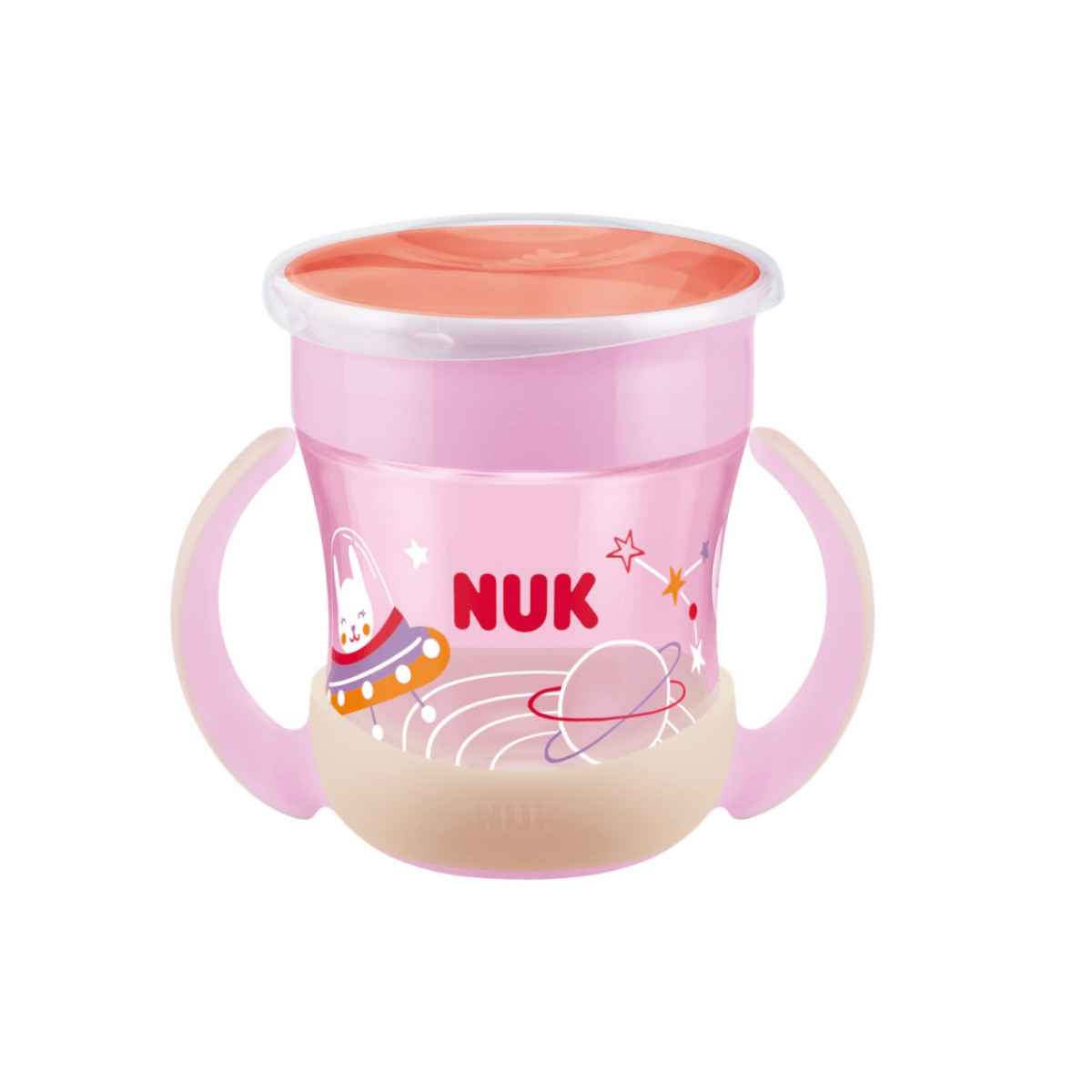 Pink and beige cup with NUK branding on a white background