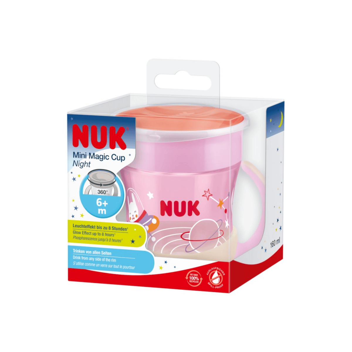 NUK Mini Magic Cup Night packaging with pink cup inside