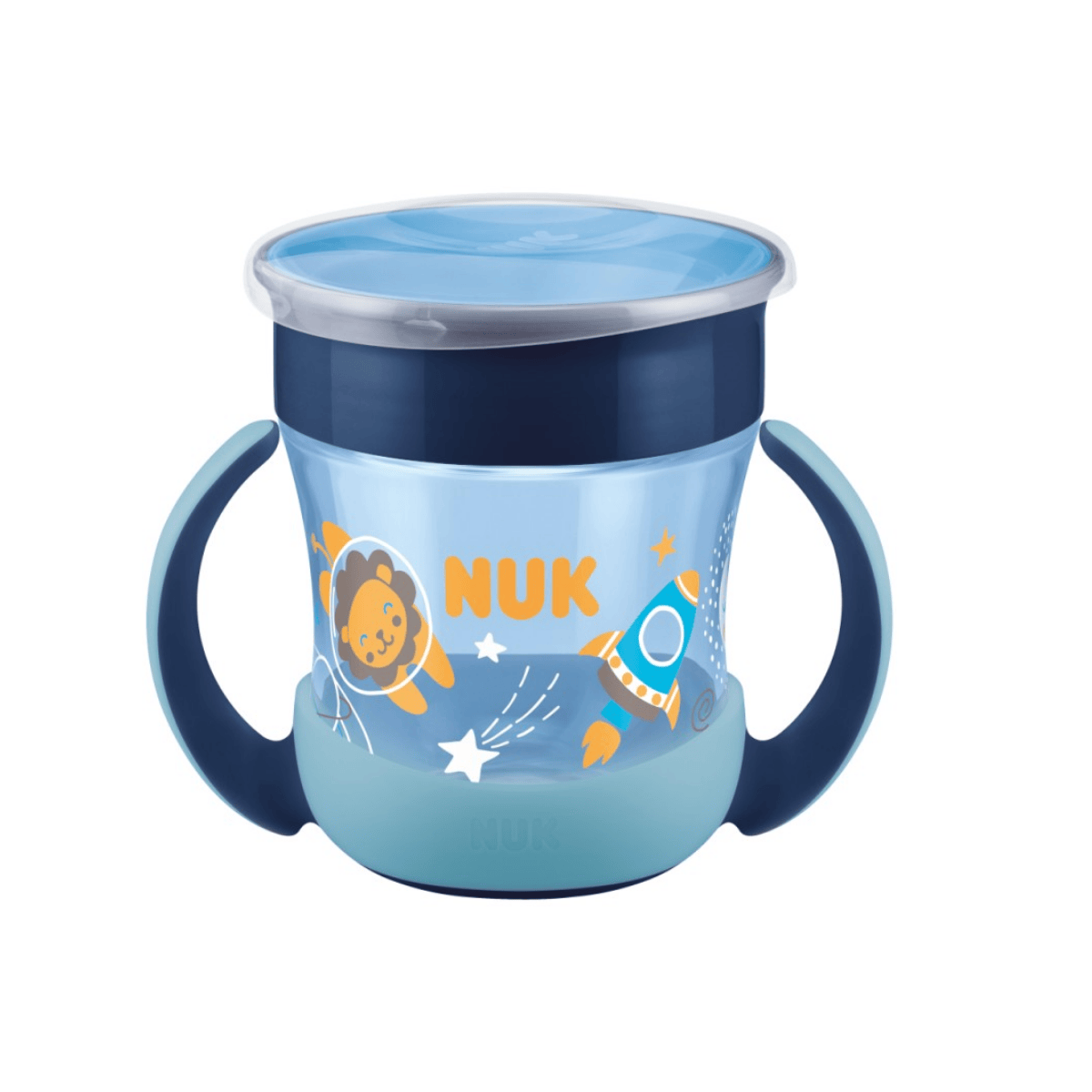Blue children's sippy cup with NUK branding on a white background