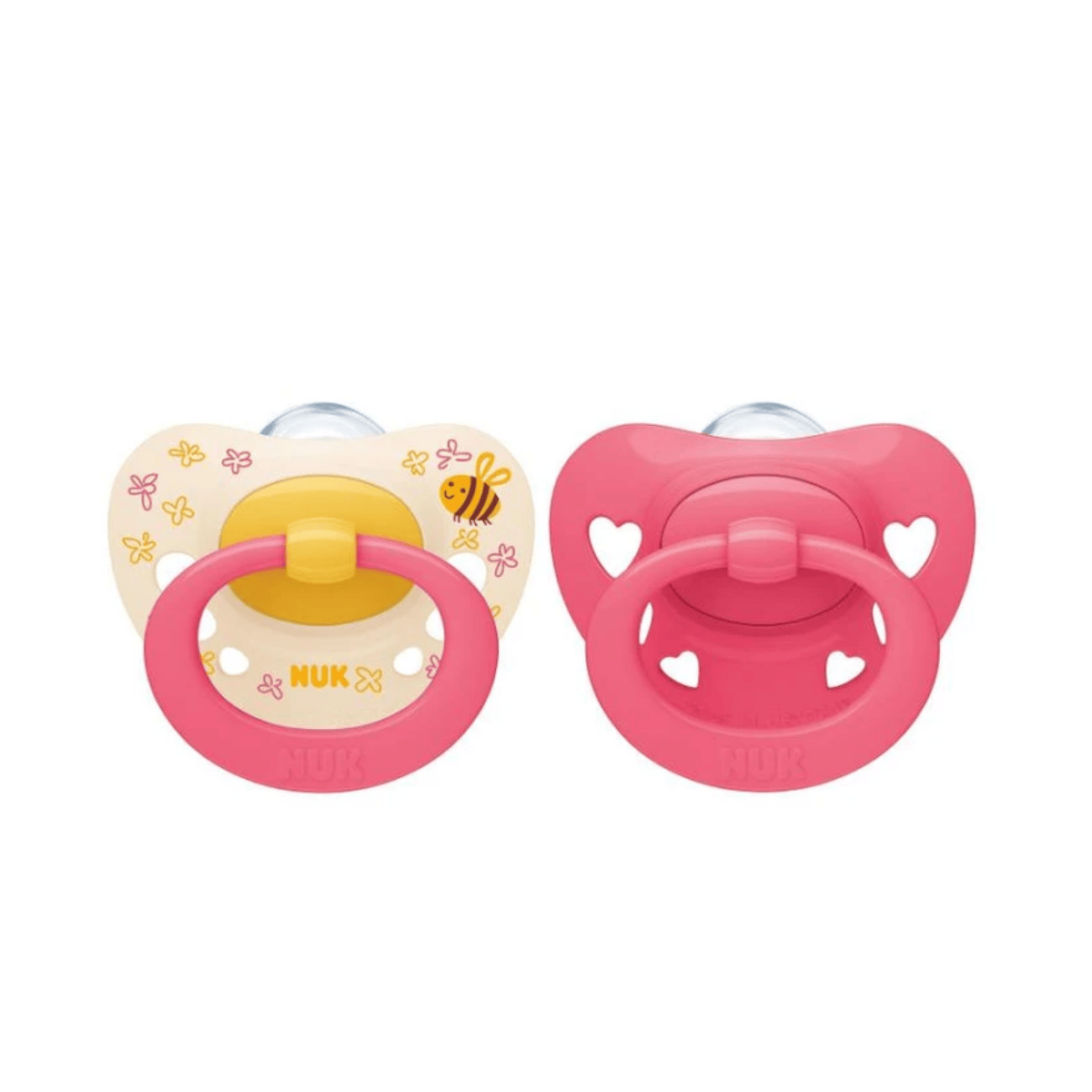 Two pink baby pacifiers with heart designs on a white background