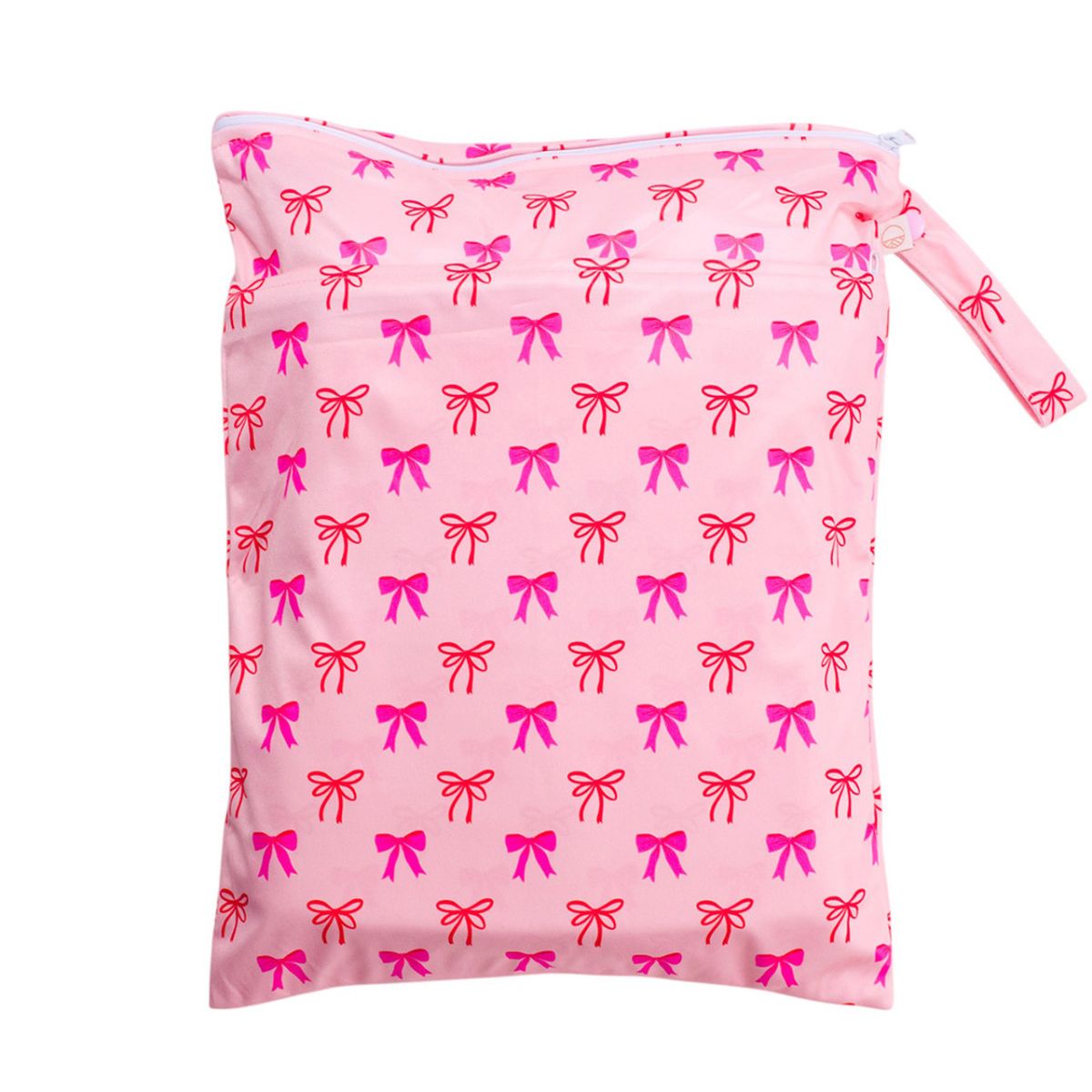 Pink pouch with red bow pattern on a white background