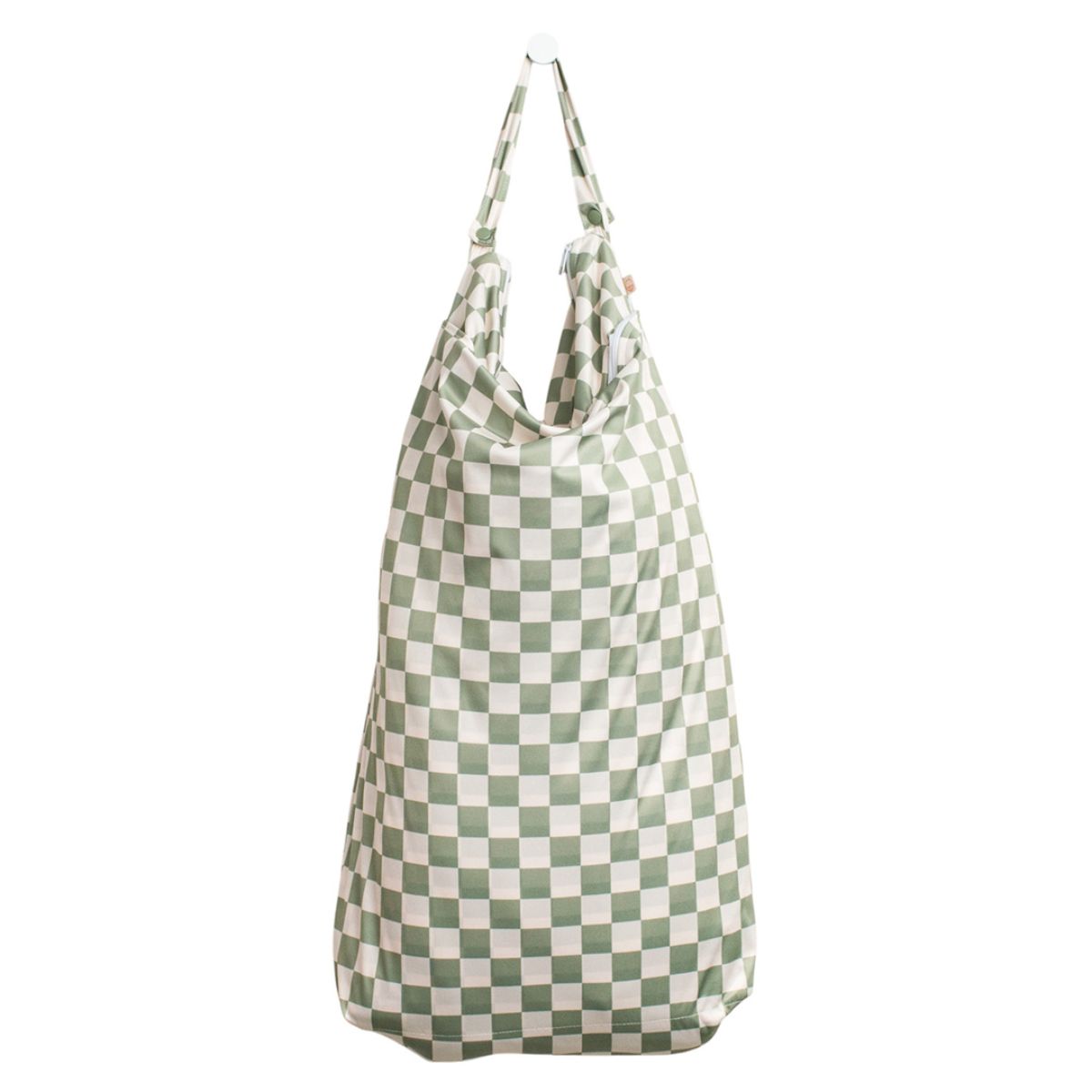 Green and white checkered bag on a white background