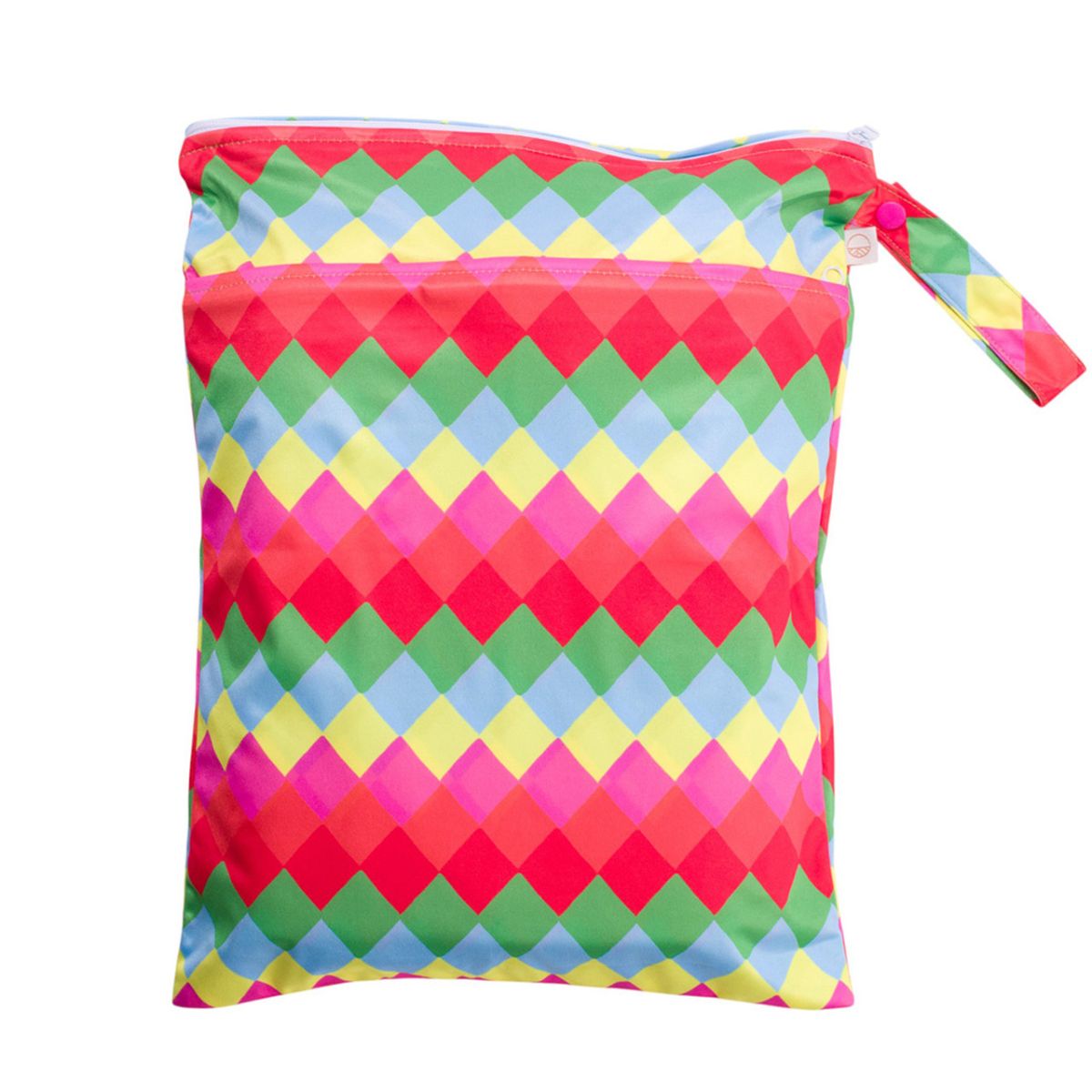 Colorful diamond patterned bag on a white background