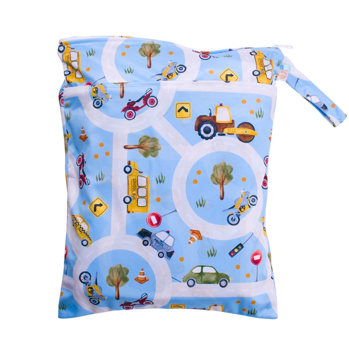 Baby blanket with road map and vehicle pattern on a blue background