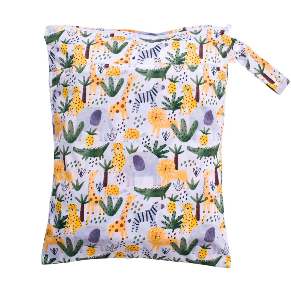 Baby wrap with a colorful jungle animal pattern on a white background