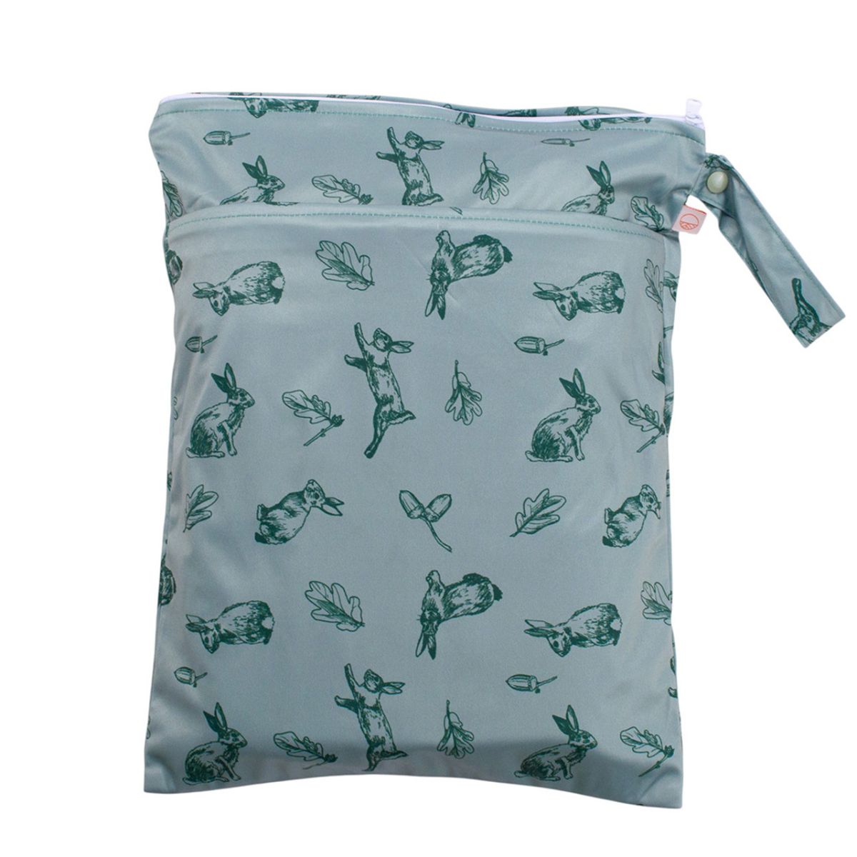 Reusable shopping bag with green rabbit pattern on a light blue background
