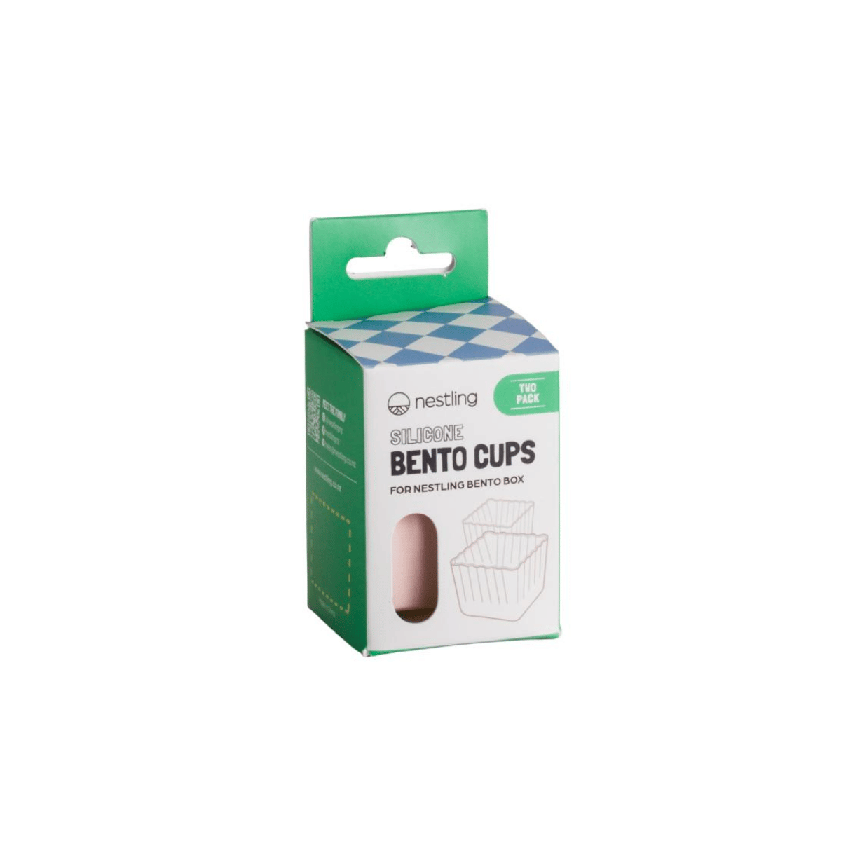 Nestling Silicone Bento Cups in a green and white checkered box, designed for Nestling Bento Box, 70 pieces.